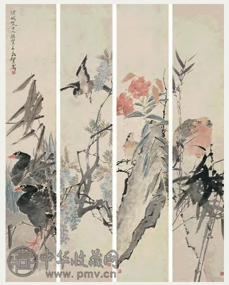 任薰 花鸟一堂四屏四屏设色纸本