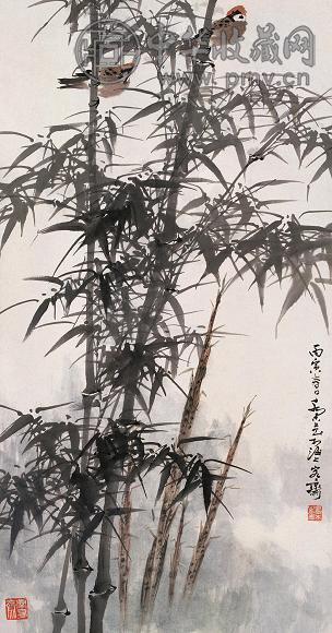 乔木 1986年作 竹雀图 立轴 设色纸本