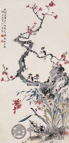 丁宝书 梅雀图 立轴 设色纸本