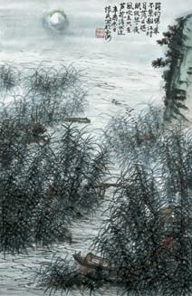 周怀民 月落渔家 立轴 设色纸本