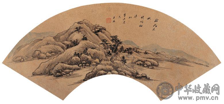 王鉴 湖山清晓 扇面 设色金笺