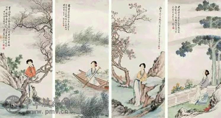 潘振镛 甲寅(1914年)作 四美图 四屏 设色纸本