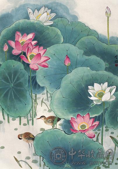 方楚雄 荷荫双禽 镜心 设色纸本