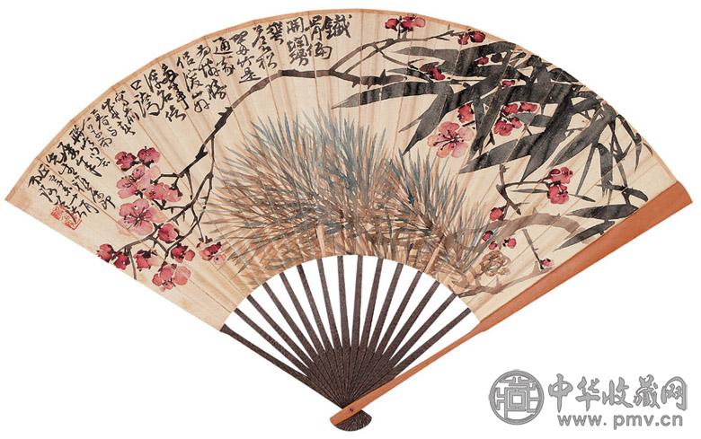 谢公展 1931年作 花卉 行书 成扇 设色纸本