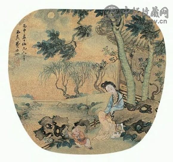费丹旭 丙申(1836年)作 戏婴图楷书 扇面 设色泥金绢本