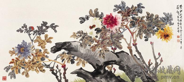 张聿光 1938年作 五色牡丹图 横披 设色纸本