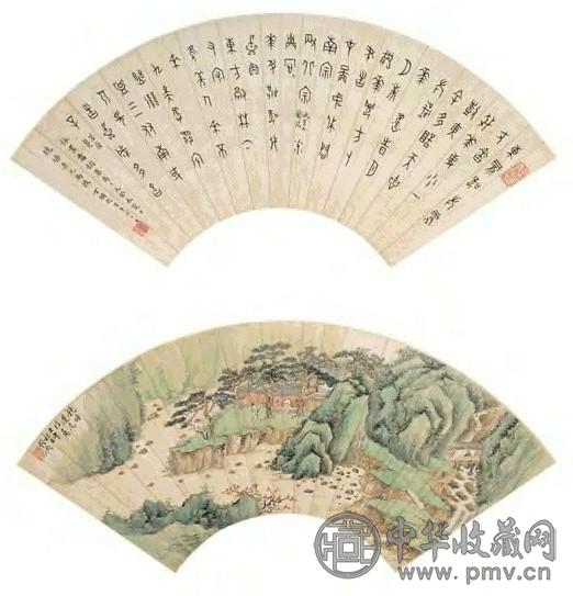 丁辅之 1942、1943年作 甲骨文菩萨鬘 清游图 扇面 设色纸本