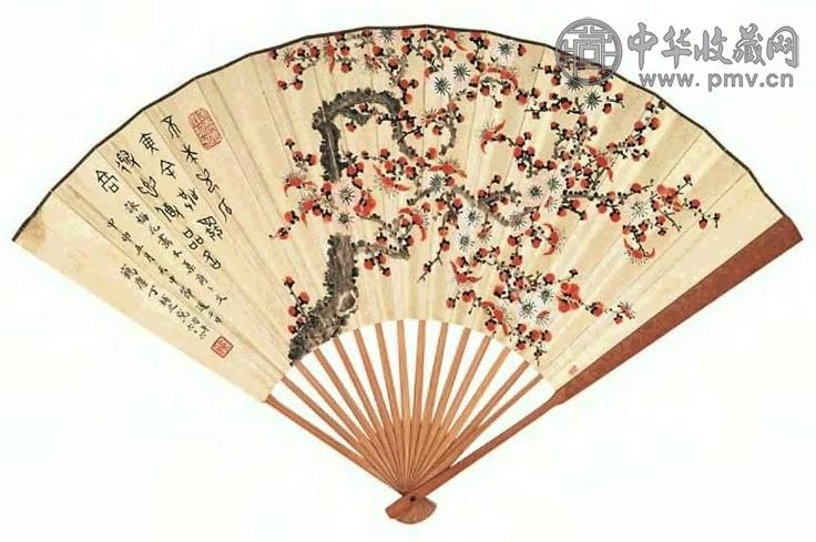 丁辅之 1944年作 梅花图、甲骨文 成扇 设色纸本