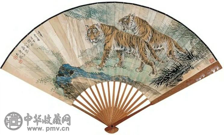 1942年 熊松泉 双雄图 成扇 设色纸本