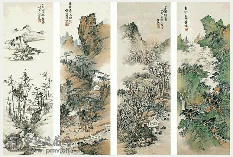近代 萧愻 四季山水 四屏