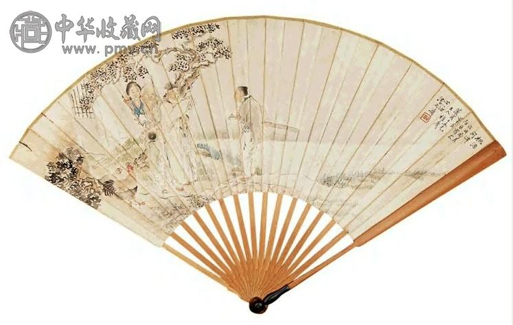 沈心海 赵承勋 1898年作 桃源问津图 楷书 成扇 设色纸本