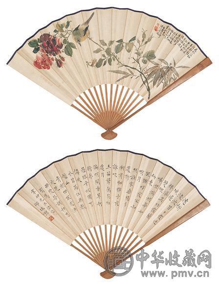 汪溶 邵瑞彭 1931年作 花鸟 楷书词《相思引》 成扇 设色绢本