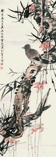 金城 1923年作 秋叶栖禽 立轴 设色纸本