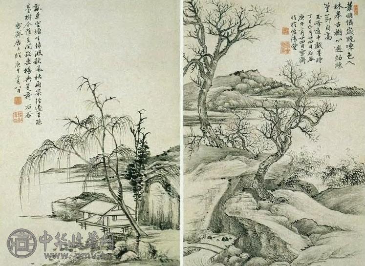 溥伒 现代 临王翚山水 册页(8开选2)