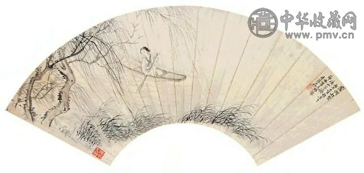 费丹旭 鸳湖打桨图 扇面 设色纸本