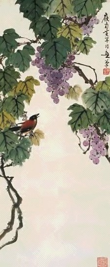 黄幻吾 葡萄鸣禽 立轴 设色纸本