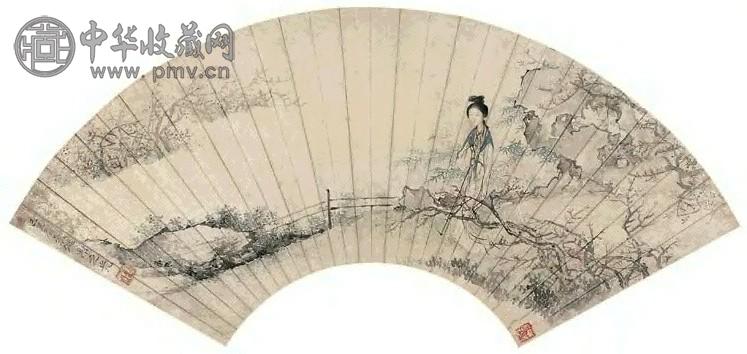 谢之光 1949年作 仕女 扇面 设色纸本