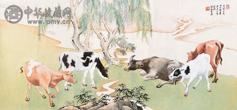 陈缘督 五牛图 横幅 设色纸本