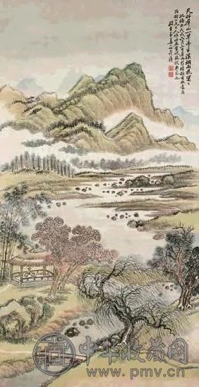 姜筠 戊戌(1898年)作 秋山烟雨 立轴 设色绢本