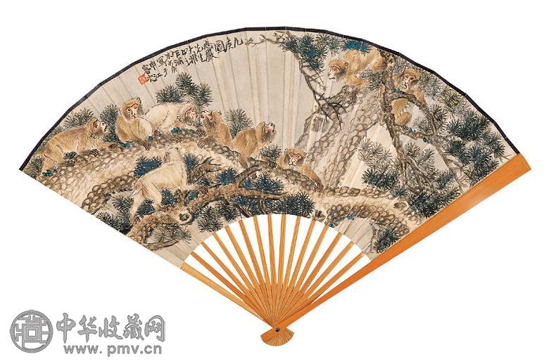 朱文侯 谭泽闿 癸未(1943年)作 九侯图 行书 成扇 设色纸本