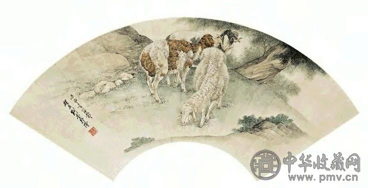 现代 刘奎龄 三羊开泰 扇页
