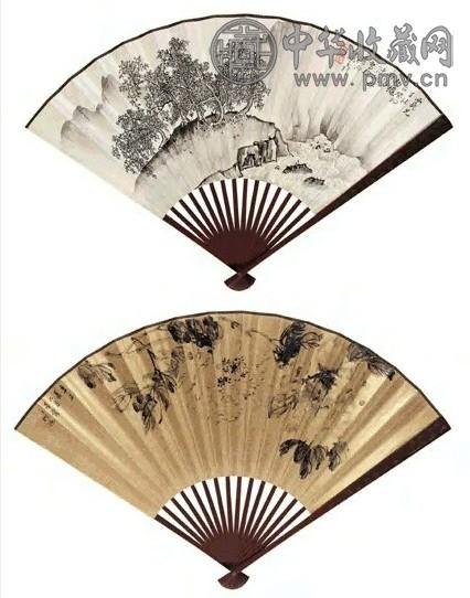 陈佩秋 溪涧图并牡丹图 成扇