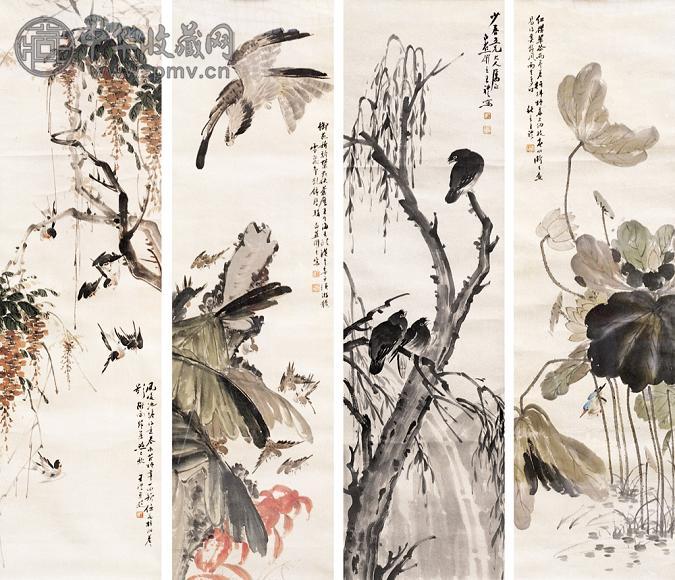王礼 花鸟图 四屏 设色纸本