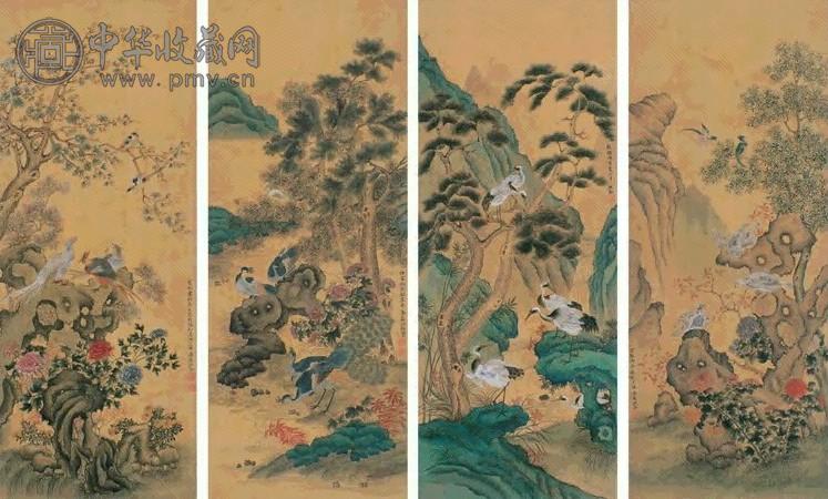 沈铨 花鸟屏 四屏 设色绢本