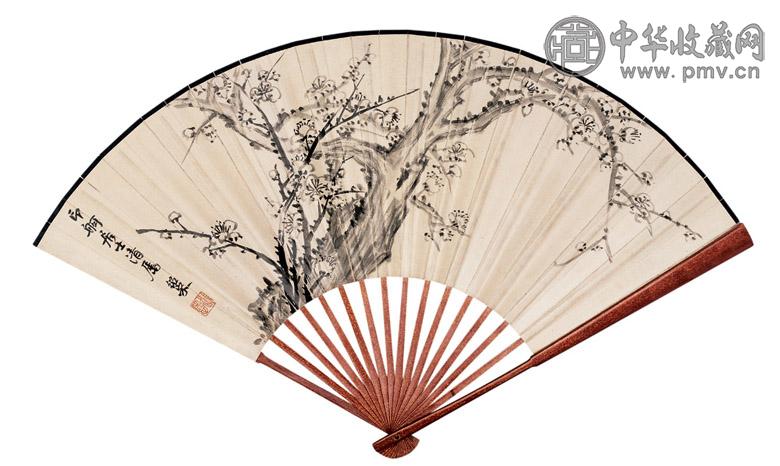 余绍宋 萧蜕盦 墨梅图 行书 成扇 水墨纸本