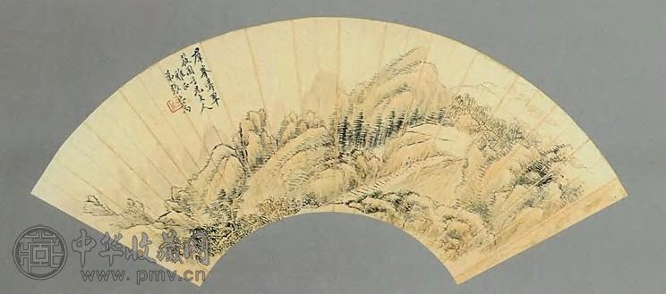 张之万 群峰耸翠图 扇面 设色纸本