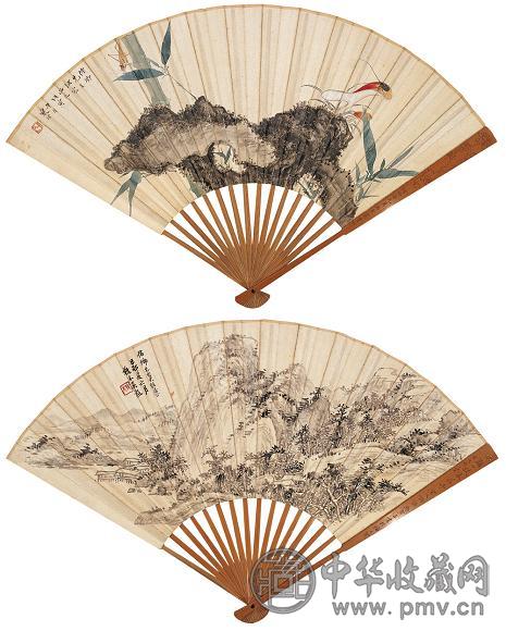 江寒汀 吴琴木 1938，1939年作 芝仙祝寿图 南山消夏图 成扇 设色纸本