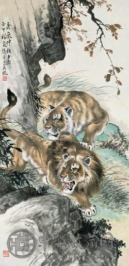 熊松泉 民国庚辰年(1940年)作 双狮图 立轴 设色纸本