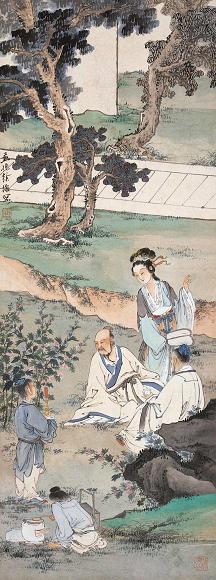 徐操 秉烛品茶 镜心 设色纸本