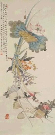 金城 1918年 花果 立轴 设色纸本
