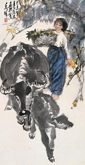 张广 1979年作 少女牧牛图 立轴 设色纸本