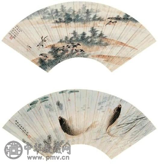 吴青霞 1950年 鲤鱼图、芦雁图 扇面 纸本设色