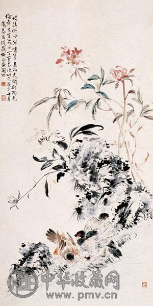丁宝书 花涧双鸽图 立轴 设色纸本