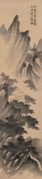 萧谦中 乙丑(1925年)作 松阁观瀑 镜心 水墨纸本
