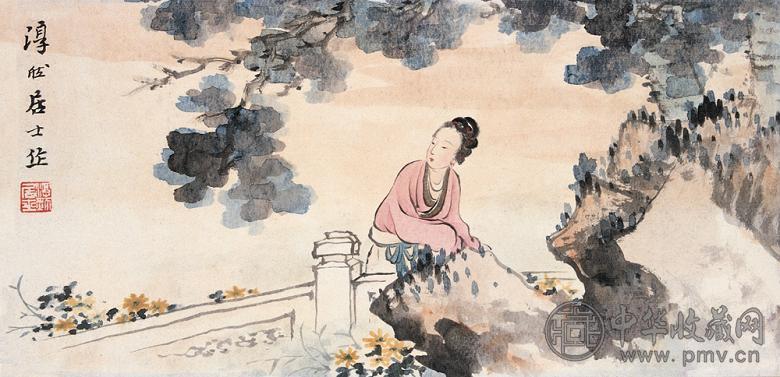 沈子丞 桐荫仕女图 镜心 设色纸本