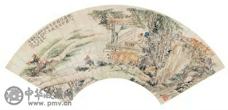 王礼 戊午(1858年)作 耕读图 扇面 设色纸本