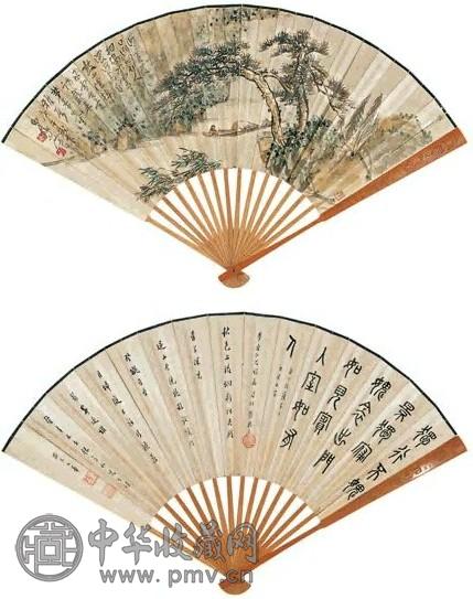 1930年绘 1931年书 王一亭 蒹葭晚渡图并大篆 成扇 设色纸本