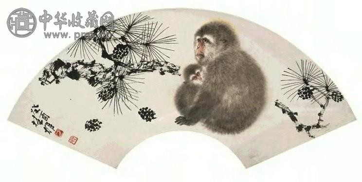 方楚雄 1993年作 松猿图 扇面 设色纸本