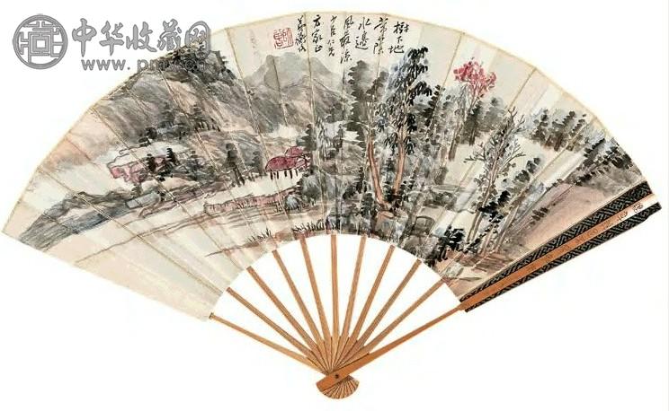 1921年 陈师曾 凉亭红树图并草书 成扇 设色纸本