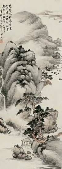 申石伽 秋瀑冷意 立轴 设色纸本