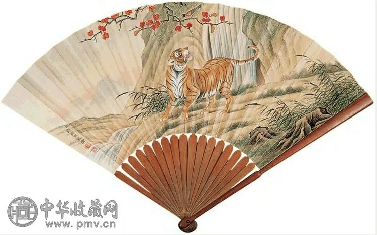 郎世宁(款) 山溪虎啸 成扇 设色纸本