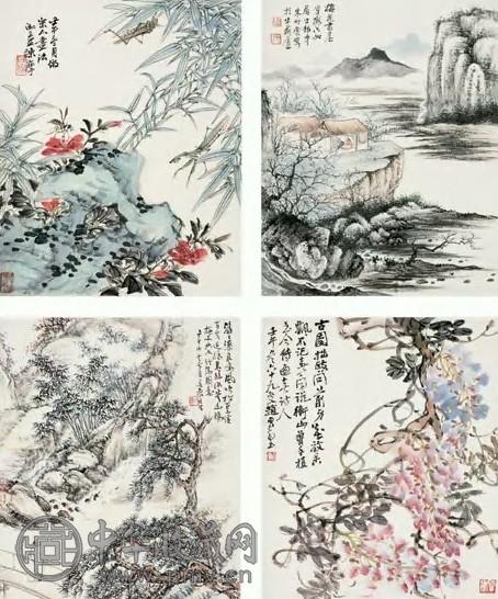 袁培基 山水、花鸟四屏 立轴 设色纸本