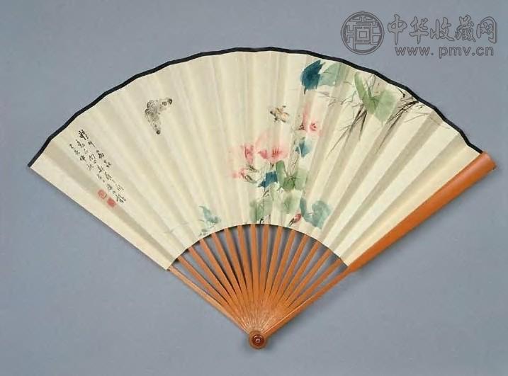 颜伯龙 1935年作 艳草飞虫 扇面 设色纸本