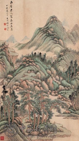 张石园 丁亥(1947年)作 富春山居图 立轴 设色纸本