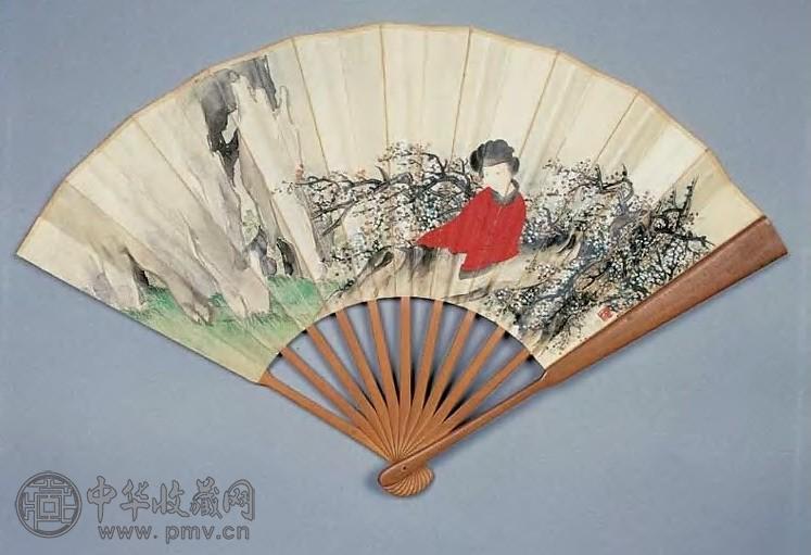 俞明 梅花仕女图 扇面 设色纸本