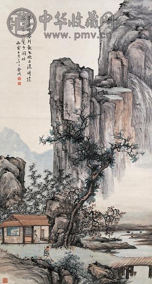 金城 1926年作 茅屋竹荫 立轴 设色纸本